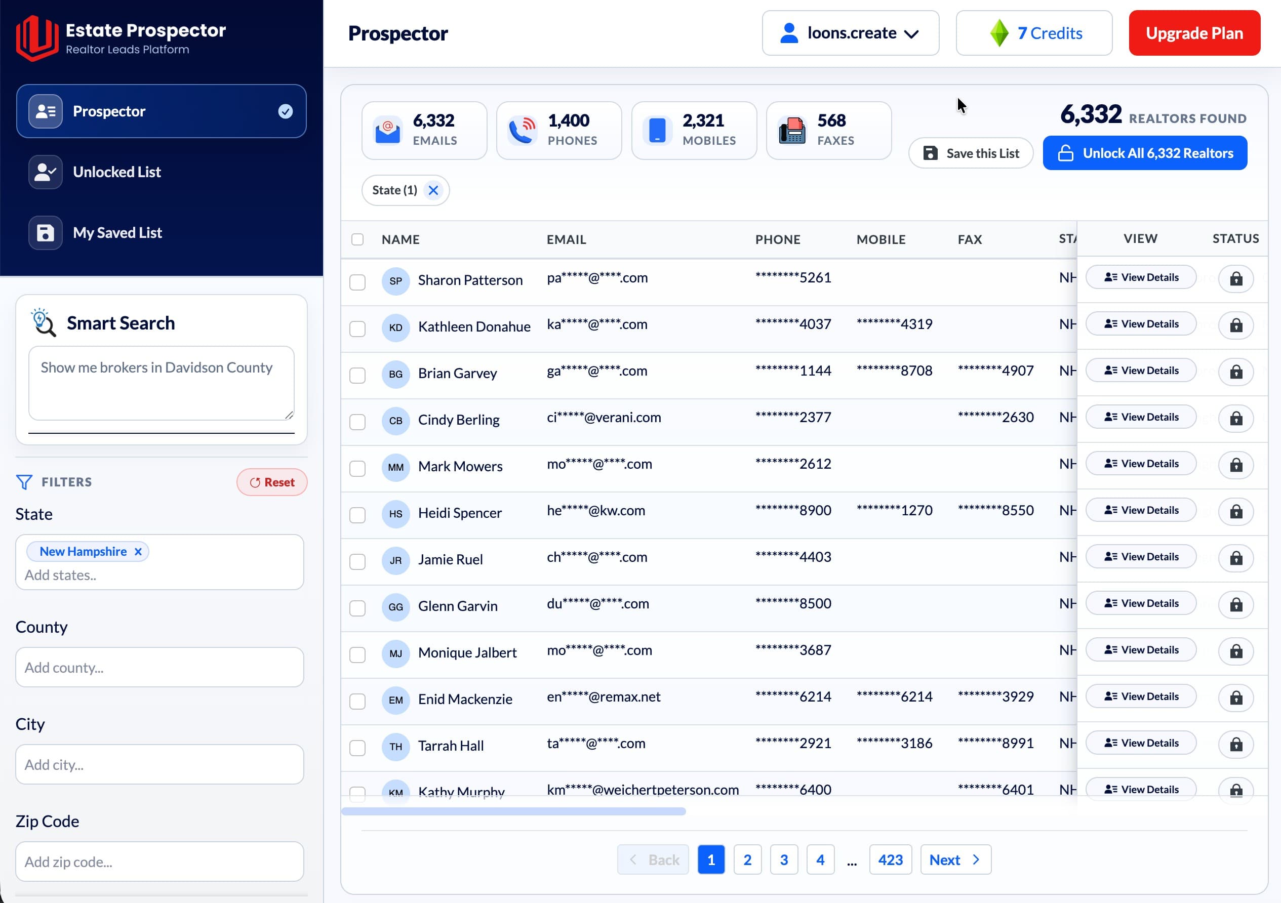 Estate Prospector dashboard preview with realtor search filters and verified lead data